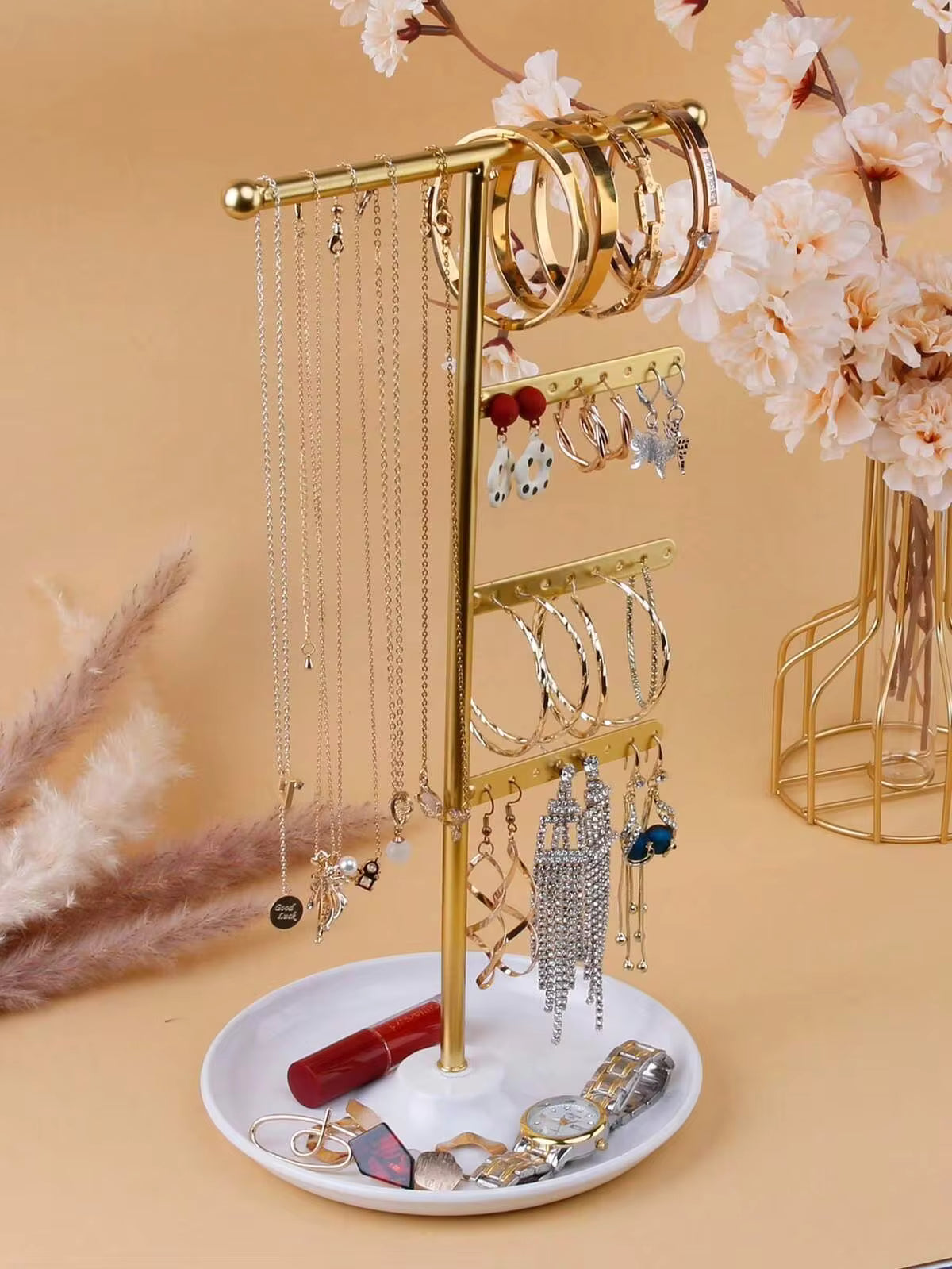 1 Piece Metal Jewelry Stand With Tray For Storing And Displaying Necklaces, Earrings And Bracelets, Earring Display Stand, Suitable For Home Storage Or Jewelry Retail, Valentine's Day Gift. Sun Travel Cool