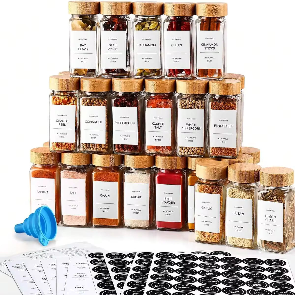 Empty Spice Jars With Label Pack (12x Bamboo Lid Glass Jar). Small 6oz Spice Storage Bottles.