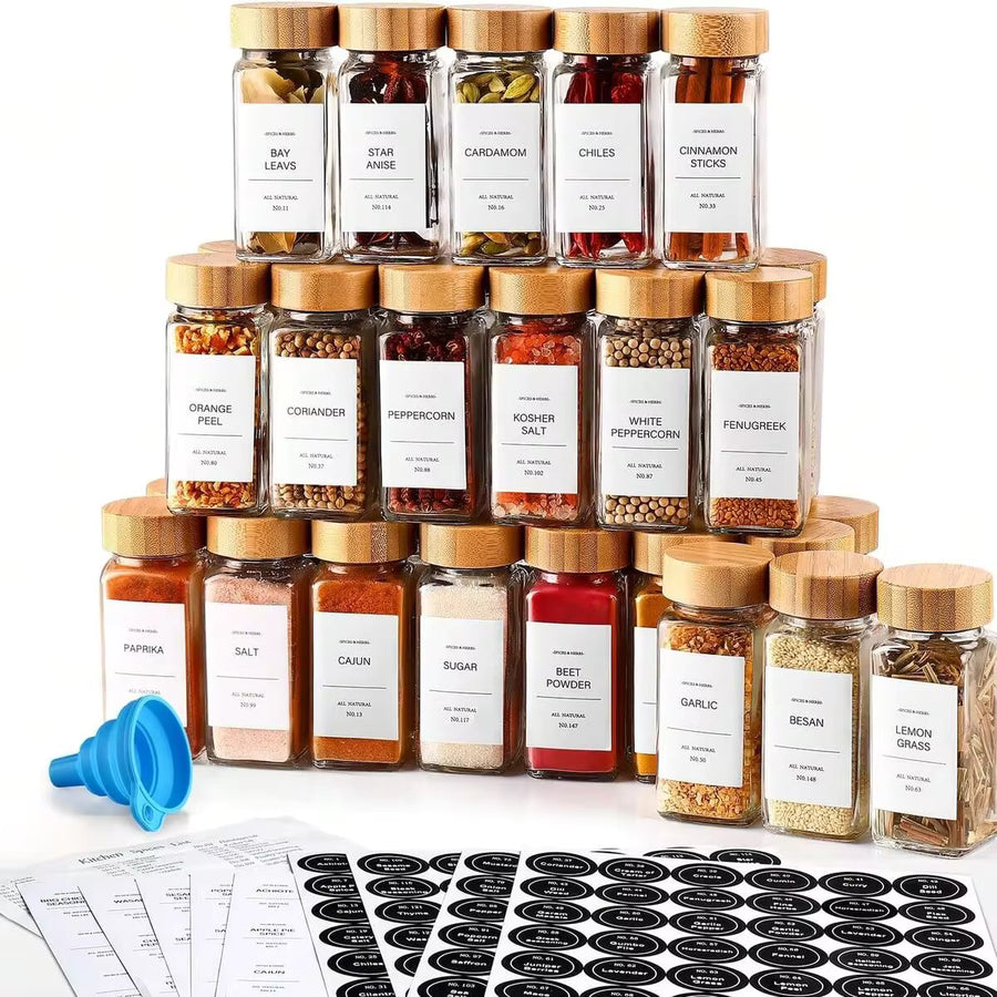 Empty Spice Jars With Label Pack (12x Bamboo Lid Glass Jar). Small 6oz Spice Storage Bottles.